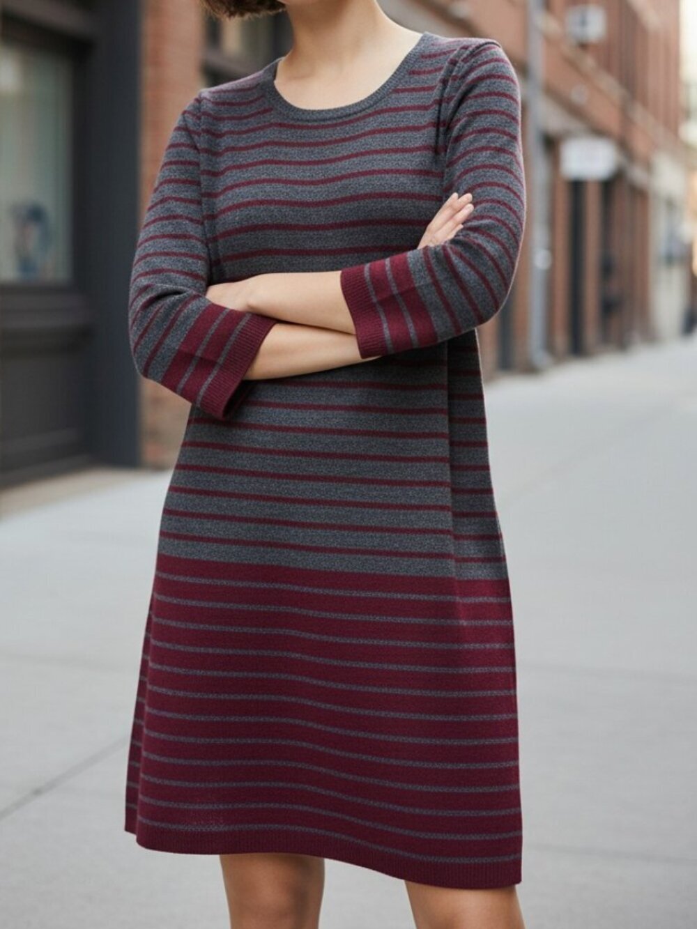 AB Studio striped sweater dress grey maroon Women's Medium soft stretch comfy